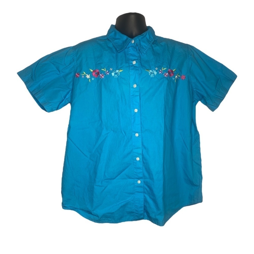 Basic Editions Floral Embroidered Button Up (Size: 18W, Color: Blue)